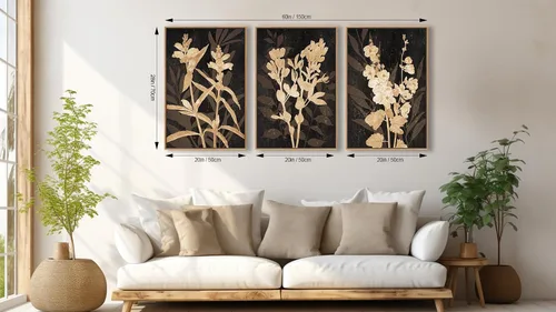 Miniatura 7 de Arte de Pared Enmarcado Rústico Grande - Cuadros de Lienzo Negro con Ramas de Flores Marrones con Marco Flotante Natural, Decoración Retro de Hojas