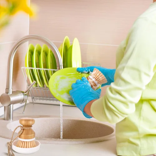 Miniatura 7 de Boao Cepillo de bambú para limpiar platos y 1 soporte de madera natural para limpiar la cocina, cepillo duradero de bambú para limpiar ollas