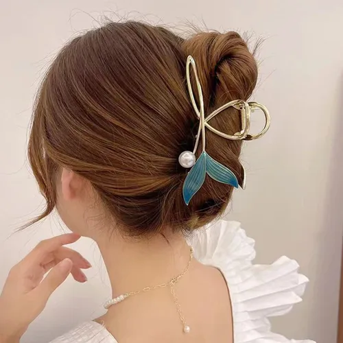 Miniatura 3 de Pinzas para el pelo de cola de pez azul con perla, pinzas de pelo de sirena para mujer, pinza de pelo de metal dorado grande, pinzas de sujeción
