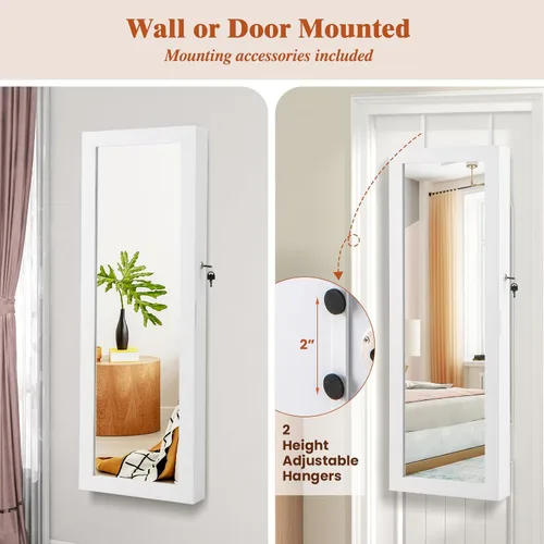 Miniatura 15 de Giantex Armario de joyería para puerta de pared con espejo de longitud completa, 2 LED con cerradura grande organizador de joyas con espejo ancho