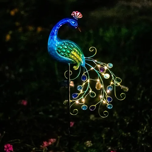 Miniatura 5 de DREAMSOUL Estacas de luz solar de jardín de pavo real de metal al aire libre decorativas - Luz de camino LED solar impermeable de pavo real