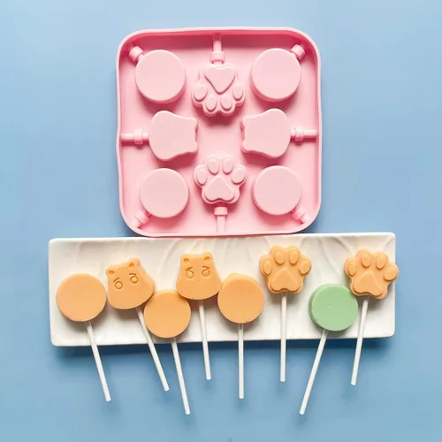 Miniatura 2 de Juego de moldes de silicona para piruletas con diseño de pata de gato y molde de chocolate hipopótamo con 50 palitos de chupón, bolsas de dulces