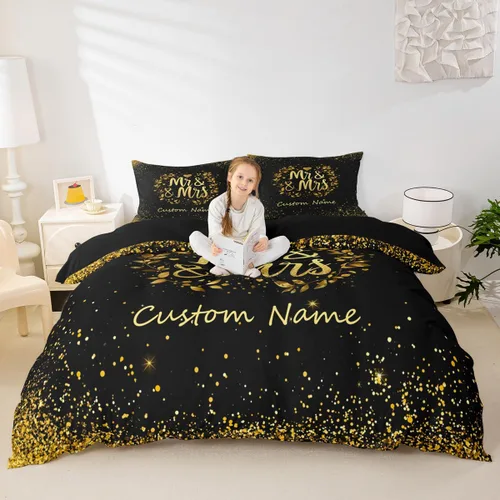 Miniatura 2 de Juego de ropa de cama personalizado con lentejuelas negras y doradas, funda de edredón de corazón dorado con purpurina para mujeres y hombres