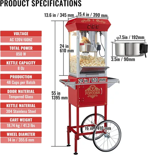 Miniatura 8 de VEVOR Máquina Comercial de Palomitas de Maíz, Hervidor de 8 Oz, Fabricadora de Palomitas de 850 W sobre Ruedas para 48 Tazas por Lote, Estilo Teatro