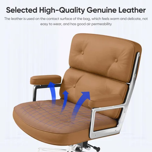 Miniatura 6 de Silla de oficina de cuero genuino, sillas de escritorio ejecutivas con respaldo medio con brazos y ruedas de aluminio, silla giratoria de cuero