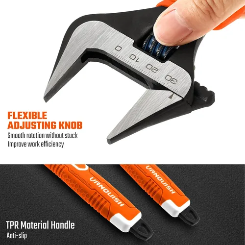 Miniatura 6 de Vanquish Llave ajustable de 8 pulgadas, llave de fontanería de apertura de mandíbula ancha de 1-1/2”, acero CR-V, con escala SAE y métrica marcada