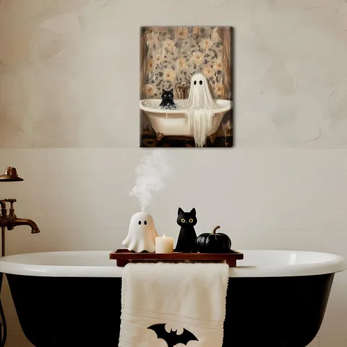 Miniatura 9 de Obras de arte en lienzo de fantasmas de Halloween para baño, decoración de pared con fantasmas de terror y lindo gato negro en la bañera, pinturas