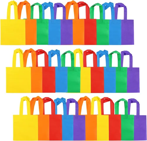 Aneco 30 bolsas de regalo no tejidas de 8 x 8 pulgadas, bolsa de regalo de fiesta, bolsa de tela reutilizable arcoíris para fiesta de cumpleaños,
