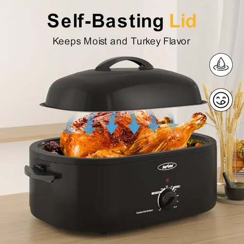 Miniatura 5 de Sunvivi Horno asador eléctrico de 18 cuartos de galón, 22 libras, con tapa autorociante, asador de pavos con función única de Negro