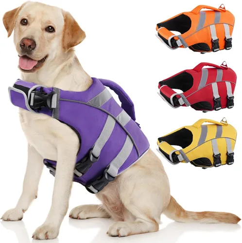 Miniatura 17 de Kuoser Chaleco salvavidas para perros con rayas reflectantes, chaleco salvavidas ajustable para mascotas con alta flotación, traje de baño