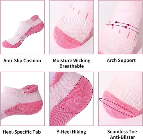 Miniatura 4 de Calcetines de compresión de tobillo para mujer, atléticos, para correr, de corte bajo, para caminar, acolchados, 5 pares