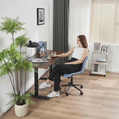 Miniatura 7 de YOUNIKE Silla de escritorio azul para oficina en casa con ruedas, silla cómoda sin brazos con respaldo, silla moderna pequeña de cuero tapizado