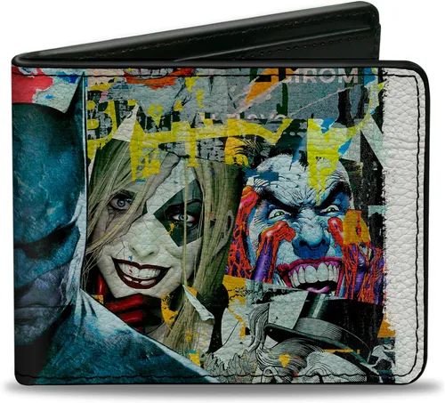 Buckle-Down Billetera de DC Comics para hombre, plegable, Batman y Gotham City, Villanos de Ciudad Gótica, collage de graffiti, cuero vegano, 4.0 x