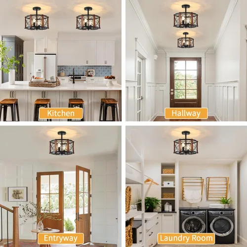 Miniatura 6 de Lámpara de techo semiempotrada rústica de 4 luces, 12.57 pulgadas, moderna, para entrada, pasillo, lámpara de cocina con tambor de madera de roble