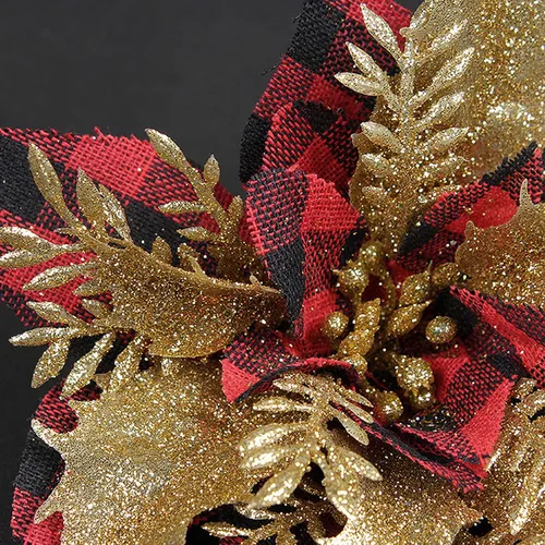 Miniatura 7 de 24 flores de Pascua de Navidad de 4.7 pulgadas con purpurina roja búfalo a cuadros de flores de nochebuena para adornos de árbol de Navidad