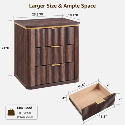 Miniatura 2 de T4TREAM Juego de 2 mesitas de noche grandes de 24" de estilo mitad de siglo moderno con 3 cajones acanalados, mesa auxiliar, mesita de noche
