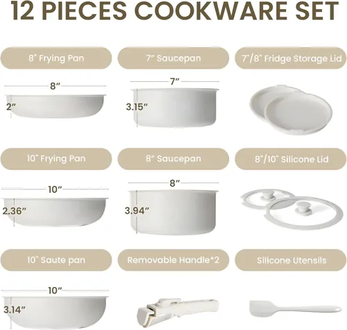 Miniatura 2 de Simple Deluxe Juego de 12 utensilios de cocina antiadherentes, con textura de granito beige y asas desmontables, resistentes a altas temperaturas