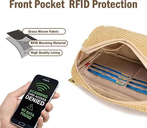 Miniatura 3 de Riñonera de verano de paja con bloqueo RFID para mujer 2025, bolsa cruzada con correa ajustable, Negro (Boho Black)
