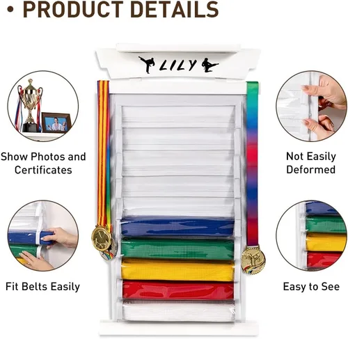 Miniatura 3 de Tilhumt 10/12 Belts Karate Belt Display Rack with Photo Shelf, Felt Taekwondo Belt Display Rack Martial Arts Belt Display for Adults TKD, BJJ Blanco