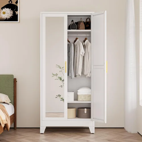 Miniatura 14 de Ckzbx Armario Ropero de Metal de 71" de Alto con Espejo, Estantes Ajustables, Barra para Secar Ropa, Gabinete Ropero de Acero para Dormitorio (Negro)