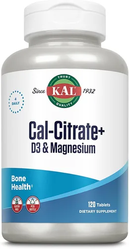 KAL Cal-citrato +, citrato de calcio más vitamina D-3 y 500 mg de magnesio, soporte saludable para huesos y dientes, sin gluten y verificado en