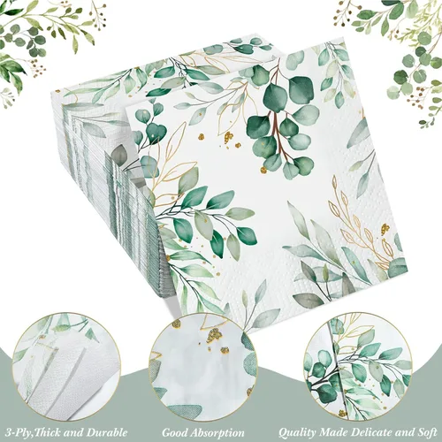Miniatura 3 de 100 servilletas de eucalipto desechables de 3 capas de papel de hojas de eucalipto, toallas de invitados, servilletas de cóctel, papel verde