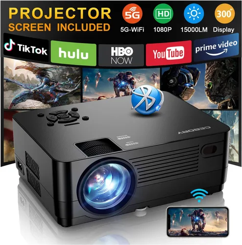 Proyector 5G WiFi Bluetooth nativo 1080P [pantalla de proyector y bolsa de transporte incluidas], proyector de película CEBORY 15000LM Full HD,