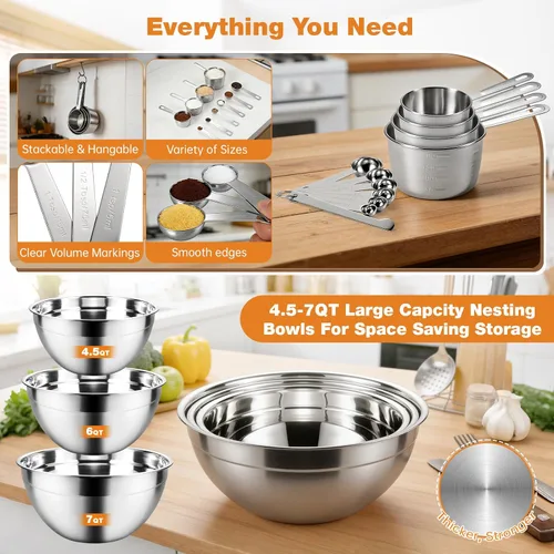 Miniatura 3 de Batidora de mano eléctrica de 5 velocidades de 300 W con 3 cuencos de mezcla de anidación gruesos, tazas y cucharas medidoras, mezclador completo