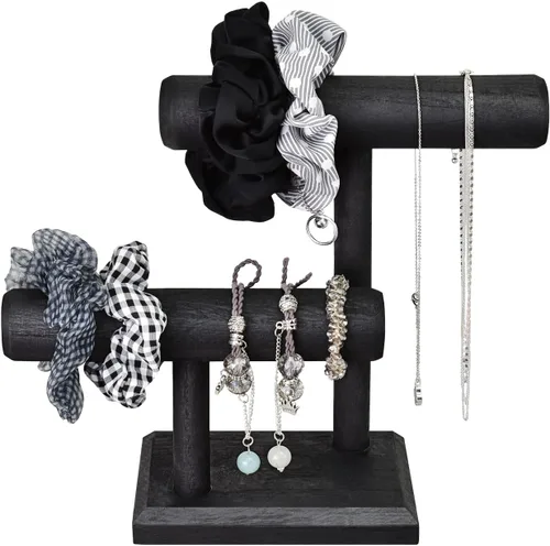 Miniatura 6 de Ikee Design Torre de exhibición de relojes de pulsera de madera de 2 niveles, soporte de almacenamiento para collar, 7.9 pulgadas de ancho x 4.3
