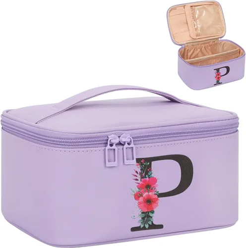 Miniatura 41 de OCHEAL Bolsa de maquillaje personalizada, bolsa de maquillaje beige para mujer, kit de aseo de viaje con monograma, organizador de cosméticos listo