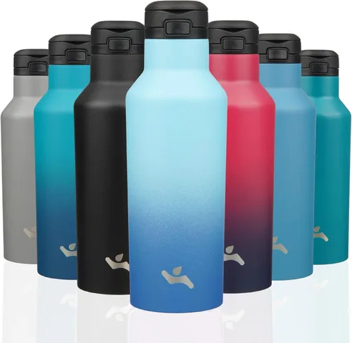 Miniatura 19 de Konokyo - Botella de agua aislada con popote, termo de agua de acero inoxidable de doble pared de 17 onzas con 2 tapas, azul lago