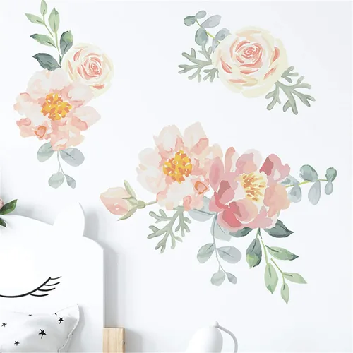 Miniatura 2 de ROFARSO Pegatinas de pared de flores, acuarela, naranja y rosa, peonía natural, plantas, vinilo, extraíble, despegar y pegar, calcomanías de pared