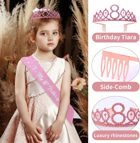 Miniatura 4 de Conjuntos de Banda y Tiara de 8º Cumpleaños, Banda "It's My 8th Birthday" Corona de Pedrería Decoración para Pastel de Cumpleaños Globos de Papel