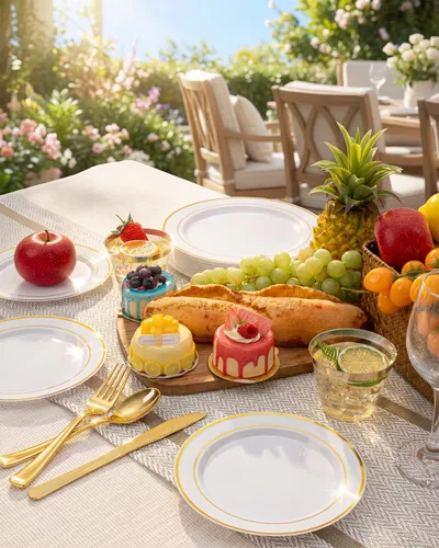 Miniatura 3 de bUCLA Juego de vajilla de plástico dorado desechable de 150 piezas, platos dorados resistentes que incluyen 25 platos de cena y 25 platos de postre