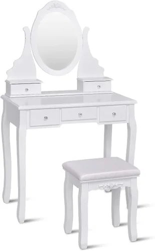 Miniatura 14 de Giantex Juego de tocador con espejo iluminado, mesa de maquillaje con 10 luces rosadas, escritorio de tocador moderno con taburete acolchado, 3
