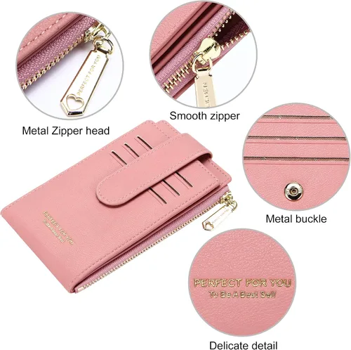 Miniatura 6 de OIDERY Cartera con tarjetero RFID para mujer, delgada, plegable, con cremallera, organizador de tarjetas, carteras con caja de regalo, Rosado