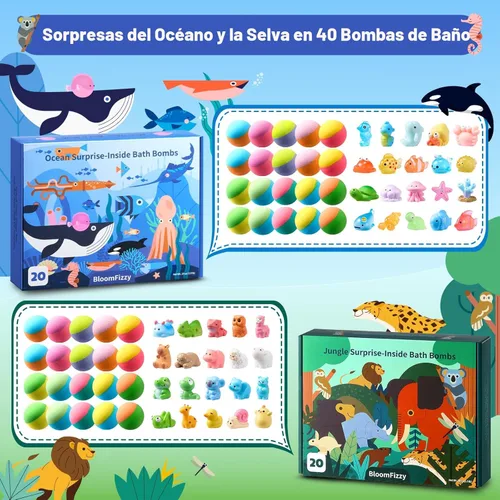 Miniatura 2 de 40 bombas de baño para niños con sorpresa en el interior, set de regalo de juguetes de animales del océano y la selva con ingredientes naturales