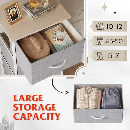 Miniatura 5 de WLIVE - Cómoda de tela con 5 cajones, cómodas altas para dormitorio, organizador de almacenamiento con cajones de tela, parte superior de madera