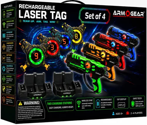 ArmoGear Juego de 4 pistolas láser con chalecos, pistolas láser para adultos, juego de etiquetas láser multijugador para niños, adolescentes y