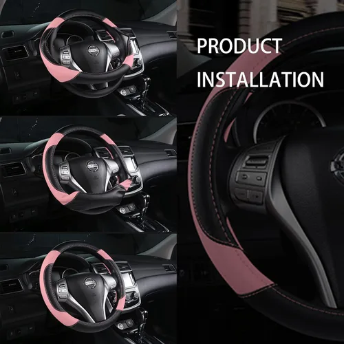 Miniatura 7 de Funda de cuero para volante de auto, protector antideslizante para volante de auto de cuero de microfibra transpirable, ajuste universal para la Rosa
