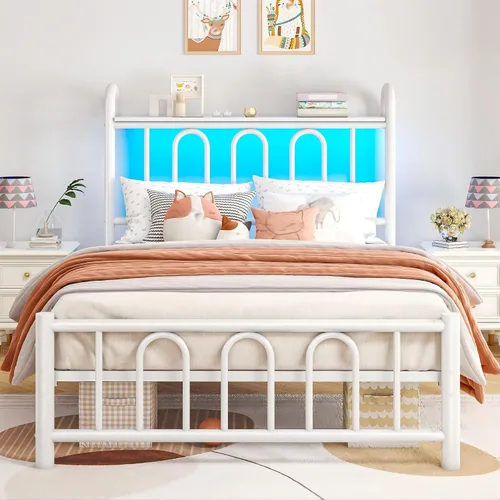 Miniatura 12 de Homkdom Base de cama tamaño King con cabecera de almacenamiento, marco de cama de metal clásico con luces LED y almacenamiento debajo de la cama