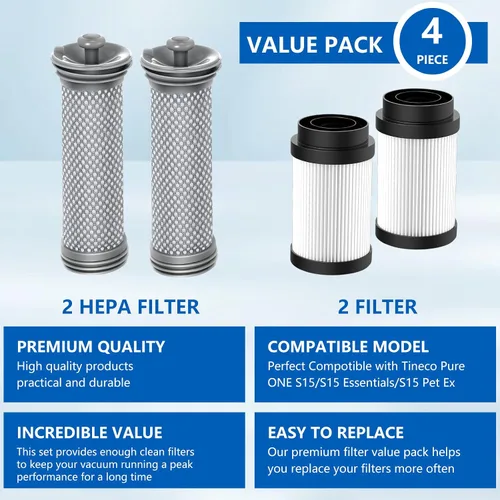 Miniatura 3 de Paquete de 4 piezas de repuesto de filtros para aspiradora Tineco Pure ONE S15/S15 Essentials/S15 Pet Ex, 2 prefiltros y 2 filtros HEPA