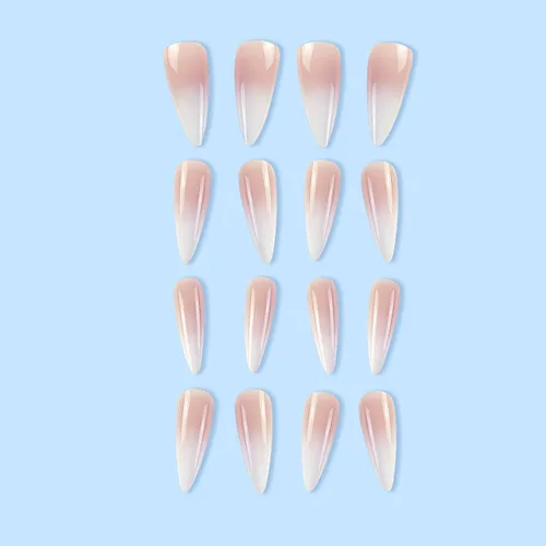 Miniatura 6 de Uñas postizas largas a presión estilo stiletto, uñas postizas francesas degradadas blancas, uñas postizas brillantes de cobertura completa