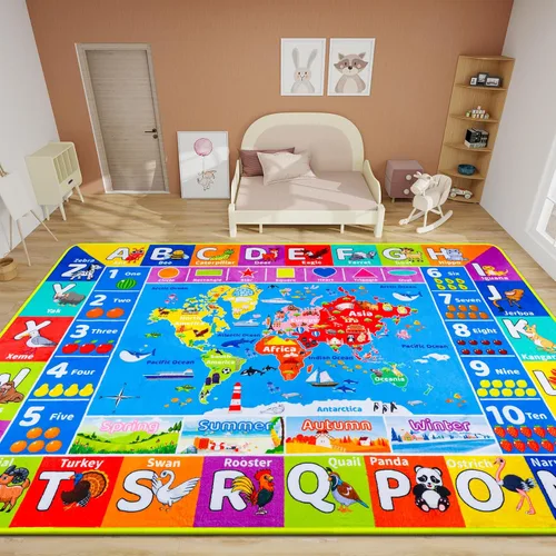 Miniatura 5 de Alfombra Infantil con Mapa Mundial ABC para Sala de Juegos Geografía 59"×39.4" Alfombra de Juego para Aula Alfombra Educativa para Bebé Alfombra