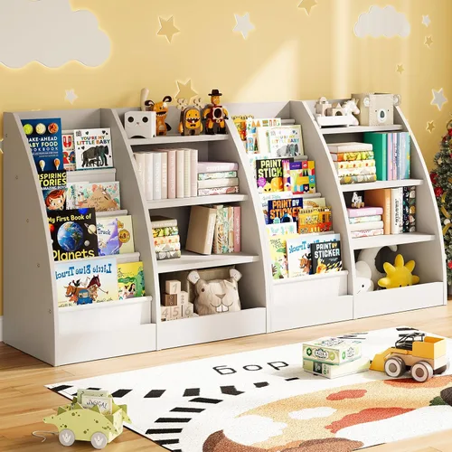 Miniatura 16 de Estantería para niños de 4 niveles, estante de 4 capas para habitaciones de niños, estantería de madera XXL para niños, estante de almacenamiento