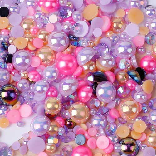 Miniatura 18 de Perlas planas y diamantes de imitación de 2.12 oz, 2200 unidades de diamantes de imitación de resina de color AB de tamaño mixto de 3 a 0.394 in
