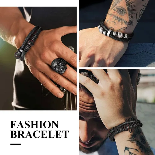 Miniatura 4 de Bestyle Mens Leather Bracelet with Stainless Steel BaseballSoccer Bead Bracelets for Men,Fashion Leather Bracelets for Men, Size 7.58.3Inch