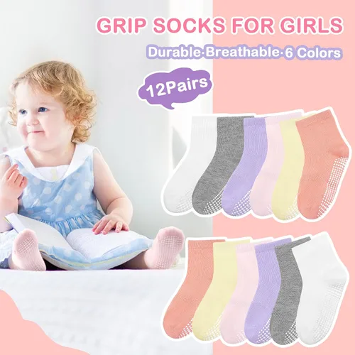 Miniatura 6 de Tphon Calcetines para niños pequeños, calcetines antideslizantes para niños y niñas, 12 pares de calcetines para niños de 6 meses a 10 años