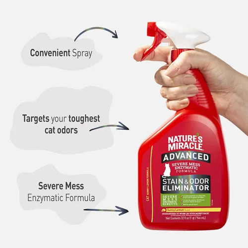 Miniatura 7 de Nature's Miracle Spray Avanzado Eliminador de Manchas y Olores para Gatos, Fórmula Enzimática para Desastres Severos, Aroma Sunny Lemon, 32 onzas