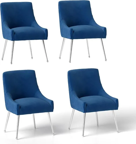 Miniatura 30 de Sillas de comedor de estilo moderno de terciopelo tapizado, silla de acento de tocador con barra vertical, silla capitonada con patas plateadas